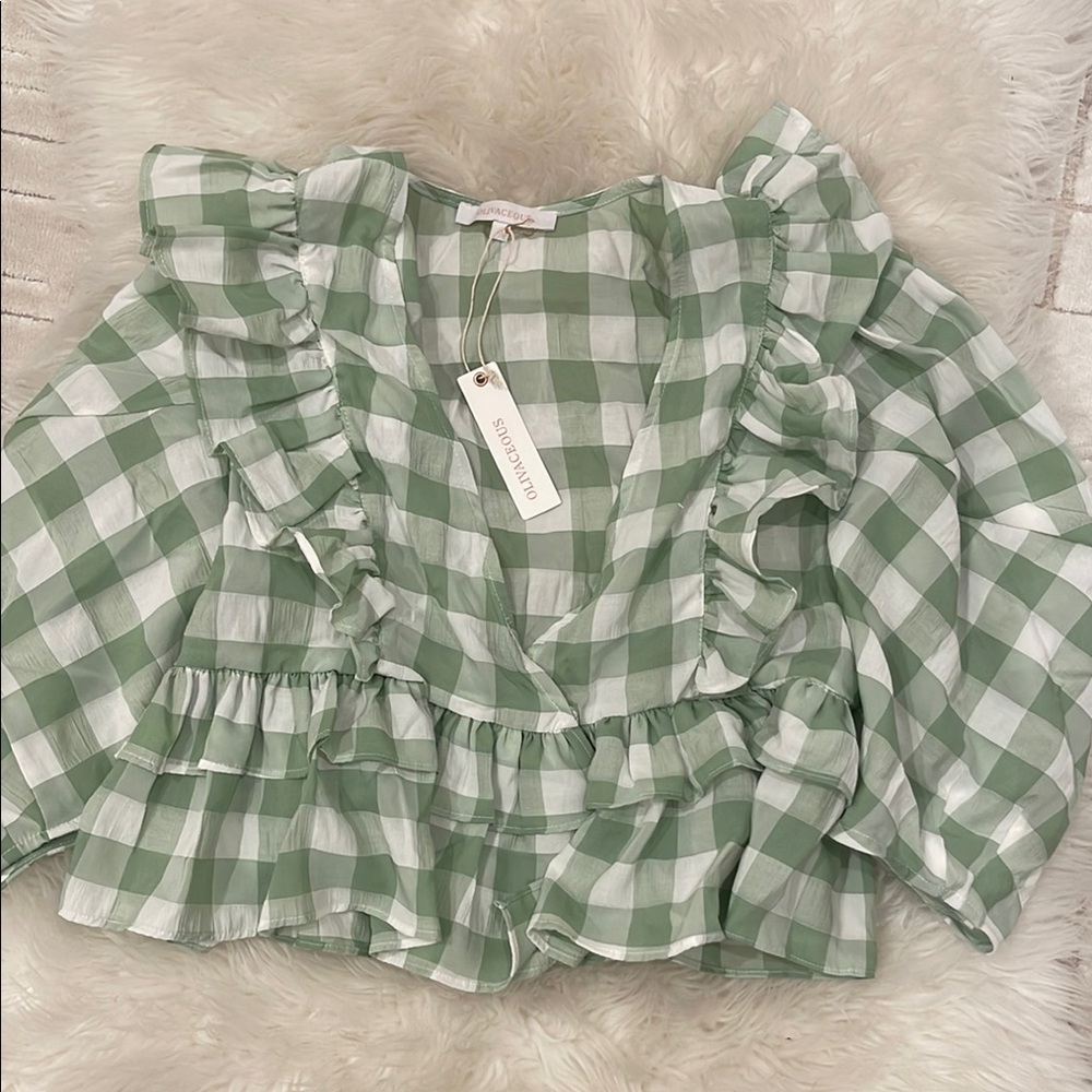 Gingham Ruffle Blouse in Green by Glamorous